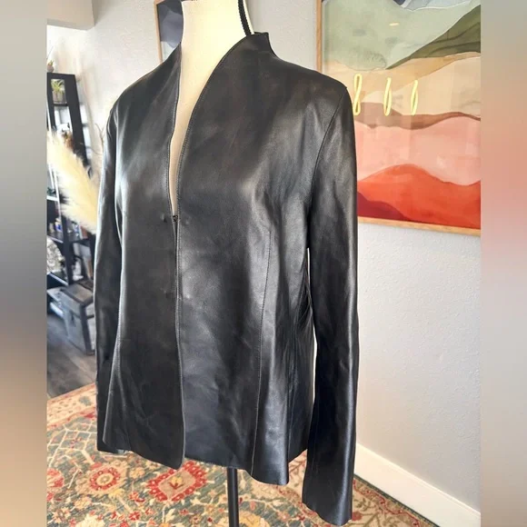 Pamela Dennis Black Leather Collarless Jacket - Picture 4 of 9